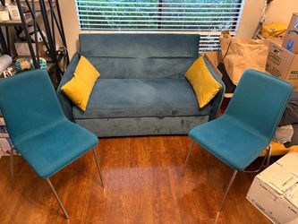 Blue Velvet Sleeper Sofa and Matching Chairs.