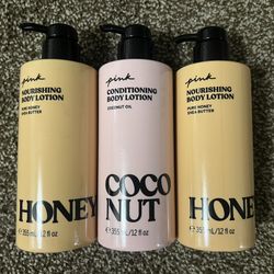 Set of 3 NEW Victoria’s Secret PINK Body Lotion - (2) Honey, (1) Coconut - 12 oz / 355 mL Each  Pamper your skin with this luxurious set of 3 full-siz