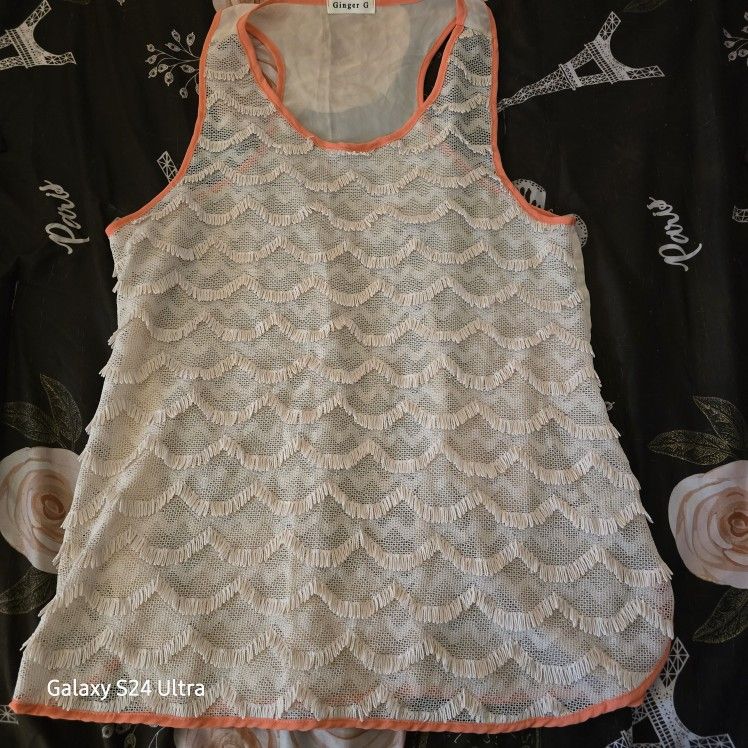 Anthropologie Ginger G Sheer Boho Racer Back Tank Size Large Ivory/Peach