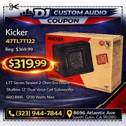 Kicker 46TL7T122 Shallow Sealed Box 12" Dual Voice Coil Subwoofer L7T 1200 Watts TL7T12 🚨 Payment Options Available 🚨 No Credit Needed 🚨 