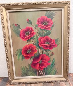 Beautiful Vintage Oil Painting, Poppy, Daisy, Framed