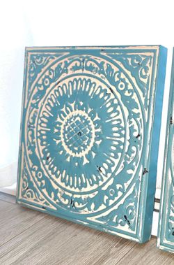 Set of 2 Turquoise Distressed Metal Wall Décor – 12" x 12"Set 2