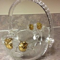 Vintage Mikasa Clear Basket Gold Roses Frosted Leaves Decor 