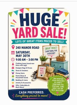 🏡 HUGE YARD SALE – TODAY, MAY 30TH! 🏡 📍 240 Manor Road