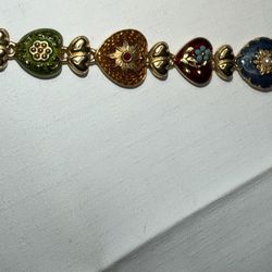 Joan Rivers Hearts & Flowers Bracelet Gold Tone w/ Enameled Hearts Signed Rare!