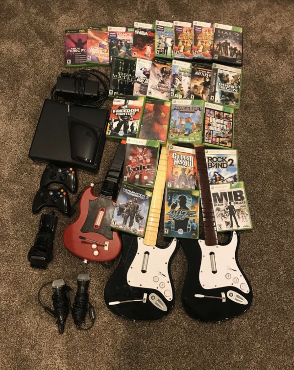 Xbox 360 Sale: console, 2 controllers, guitars, microphones, and games