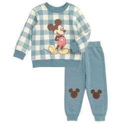 NWT Disney Mickey Mouse Fleece Sweatshirt and Jogger Pants Outfit Set Buffalo Plaid  baby 0 3 months