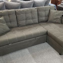 Brand New 91" x 61" Tufted Dark Gray Linen Convertible Sectional With Pullout Sofa With Storage Chaise