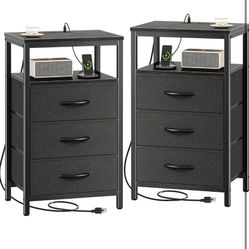 Nightstands Set of 2, 27.6 Inch End Tables with Charging Station, Bed Side Tables with Fabric Drawers, USB-C Port and Outlet, Night Stands for Bedroom