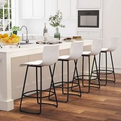 Modern Swivel Bar Stool Set of 4 - Counter Height, Plastic Back, 24" Metal Frame, White