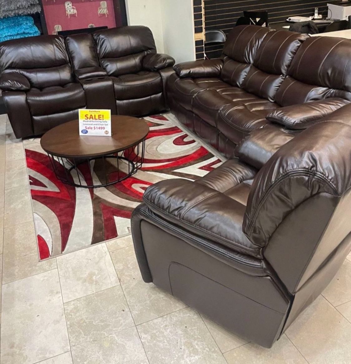 Winter clearance sale. Madrid Brown, leather reclining sofa and loveseat set now $1199. Easy finance option. Same-day delivery.