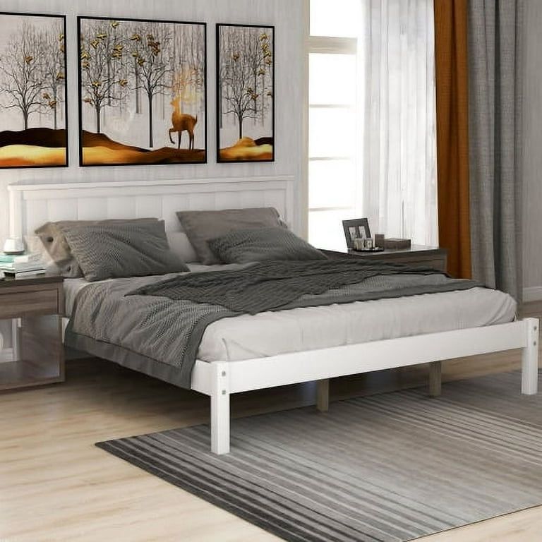 New Queen Size Platform Bed Frame with Headboard, Wood Platform Bed with Slat Support, No Box Spring Needed, White