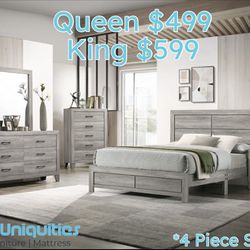 Queen Light Grey Wooden 4 Piece Bedroom Set 