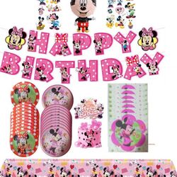 Minnie Birthday Party Supplies , Minnie Party Supplies, Serves 20 Guests With Banner, Table Cover, Plates, Tattoo Stickers, Balloons