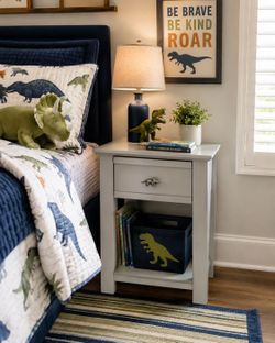 Gray nightstand with Dinosaur handle