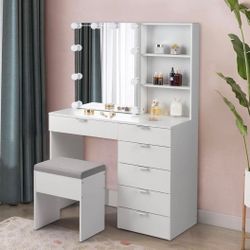 Vanity Desk with Mirror & Light, Large Drawer & Storage, Bedroom Dressing Table