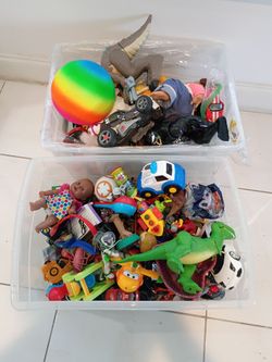 Huge toy lot 2 full containers 21" X 11" full of toys , figures , dolls, cars , dinosaurs , Lego loose pieces