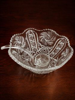 Vintage Pressed Glass Punch Bowl with Glass Ladle – 13"