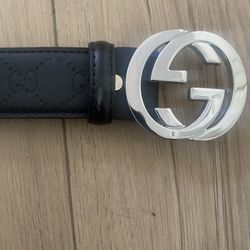 Gucci Signature Embossed Belt, Black Leather, Silver Buckle