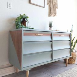 Solid Wood Boho-chic /Modern Dresser 6 Drawer Blue/Grey 