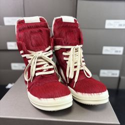 Premium Streetwear- Rick Owen High Top Pony Hair Geobasket ‘Red’