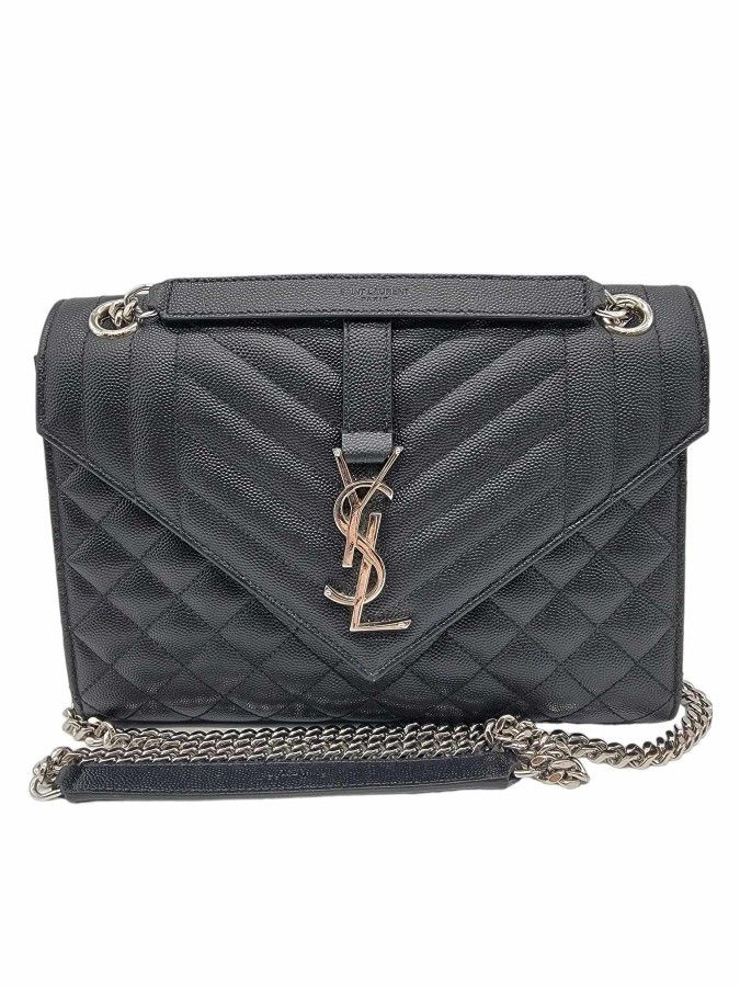  SAINT LAURENT MEDIUM TRI QUILTED MATELASSE GRAIN DE POUDRE FLAP SHOULDER BAG BLACK 