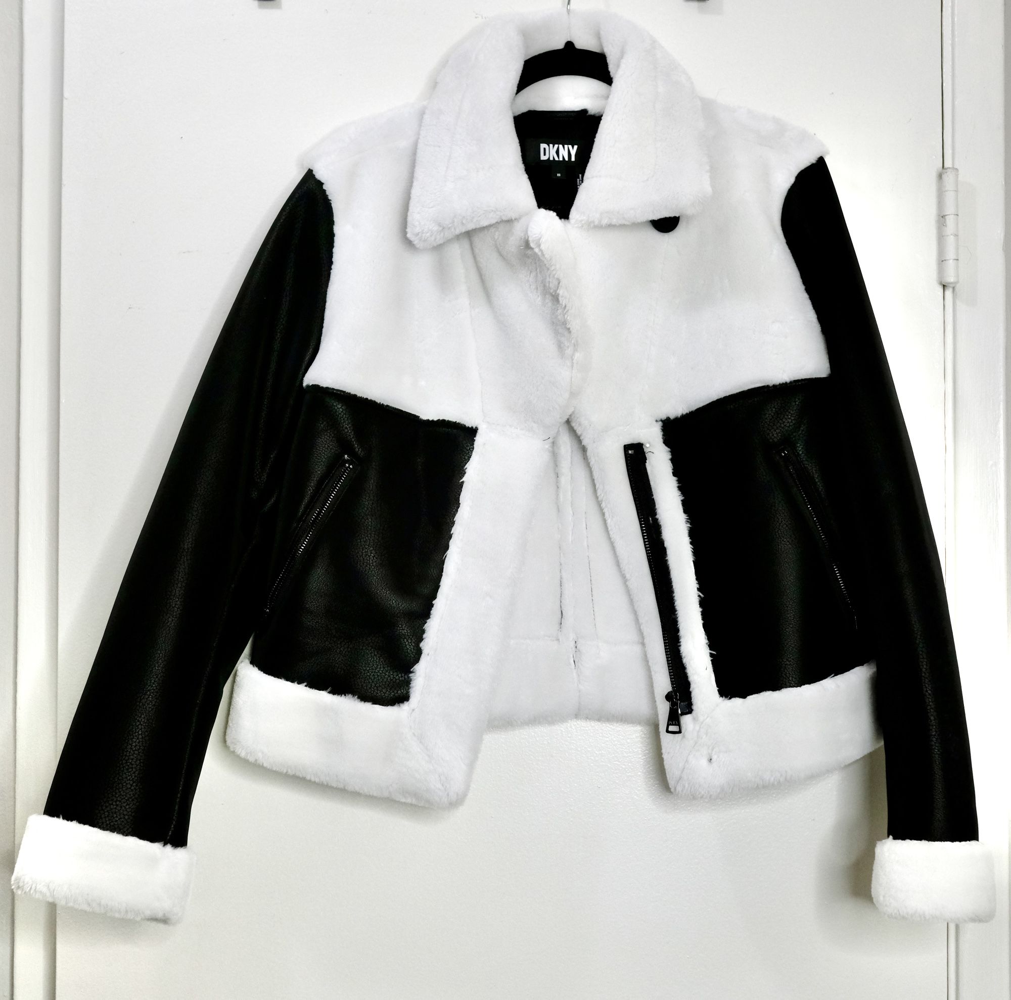 DKNY Modern Fur Trim Black & White Fur Leather Jacket