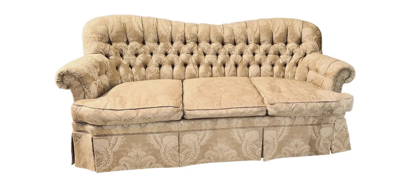 English Tufted Roll Arm Cream Damask Sofa With 3 Down Filled Cushions — Removable & Reversible Cushions. Custom Made Arm Covers. Perfect Condition!