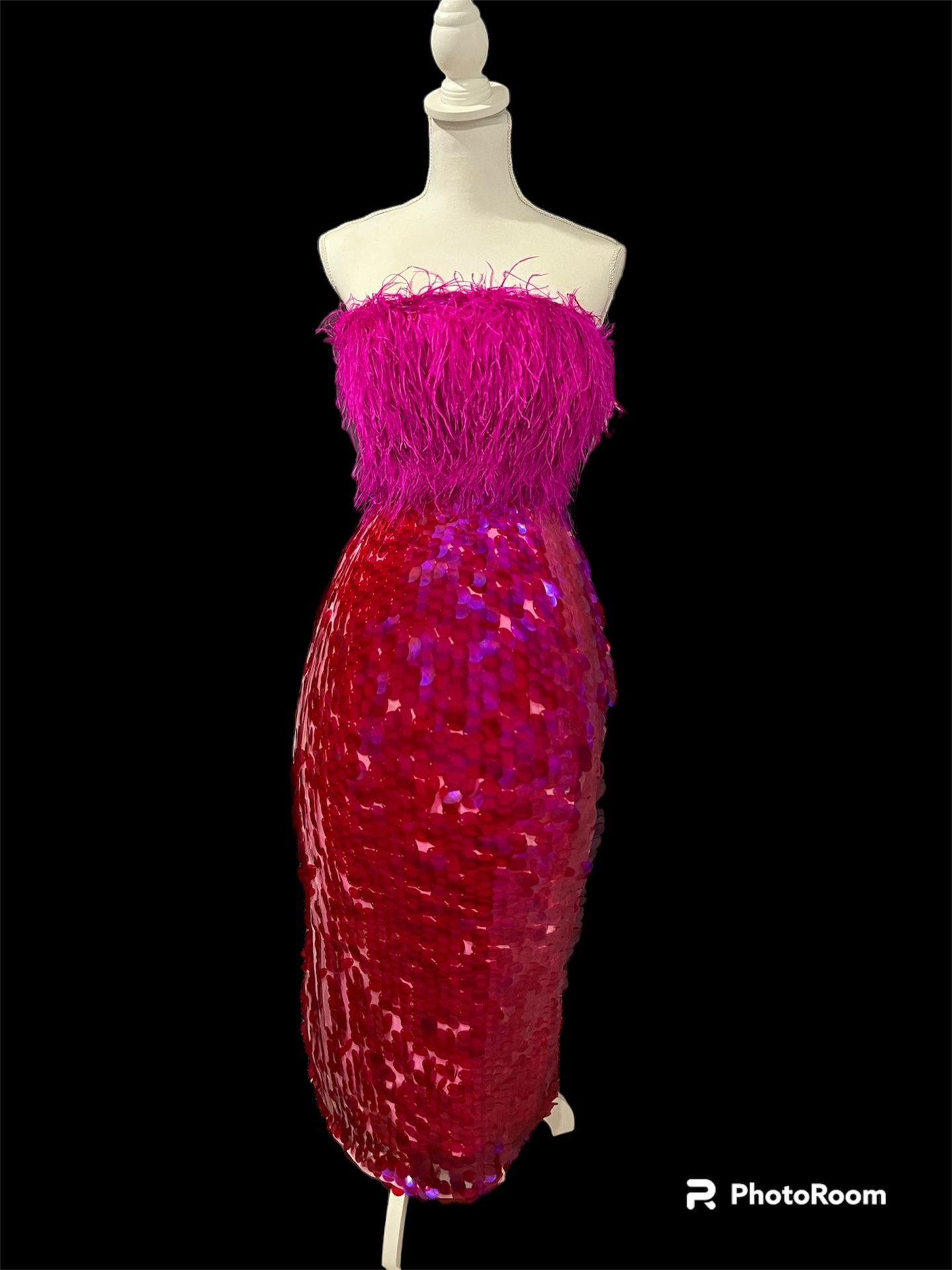 Pink Ostrich & Sequin Dress Prom Dinner Event Dress