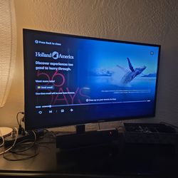 39 inch Hitachi TV, Sound Bar and Tabletop Glass TV Stand with Remotes