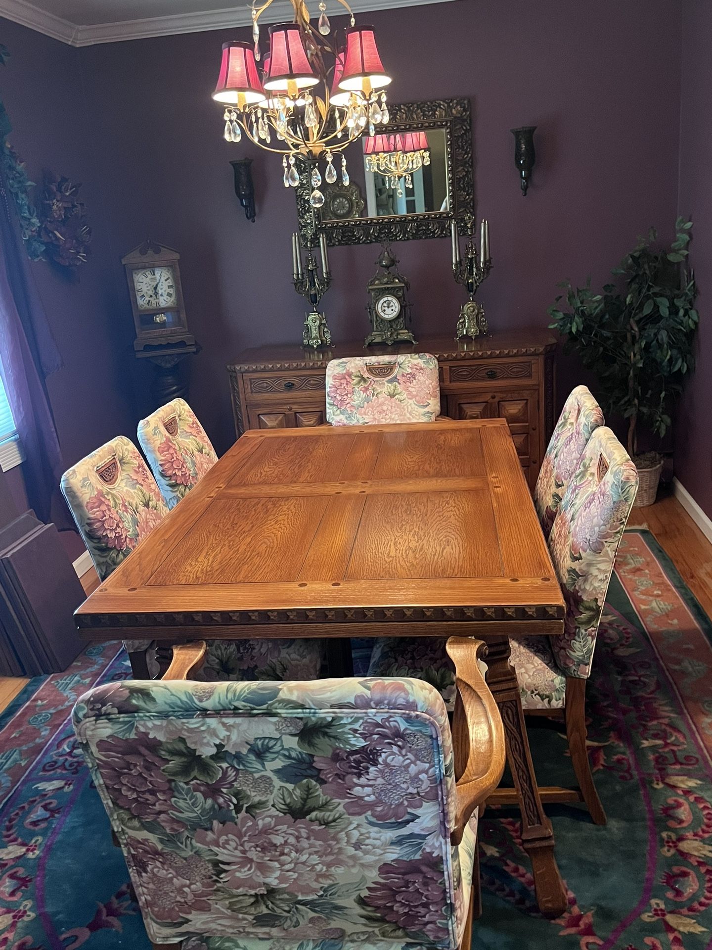 Wood Dining Room Set (extendable Table, Buffet, Hutch, 6 Chairs)