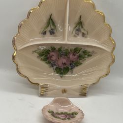 VTG 2 Pc Hand-painted Pink Milk Glass Divided Footed Shell Dish & Smaller Dish