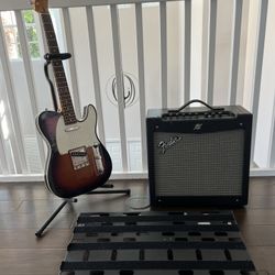 Fender Squier Guitar, 50w Amp, Voodoolabs Large Board, 2plus PSU, Carrying Case