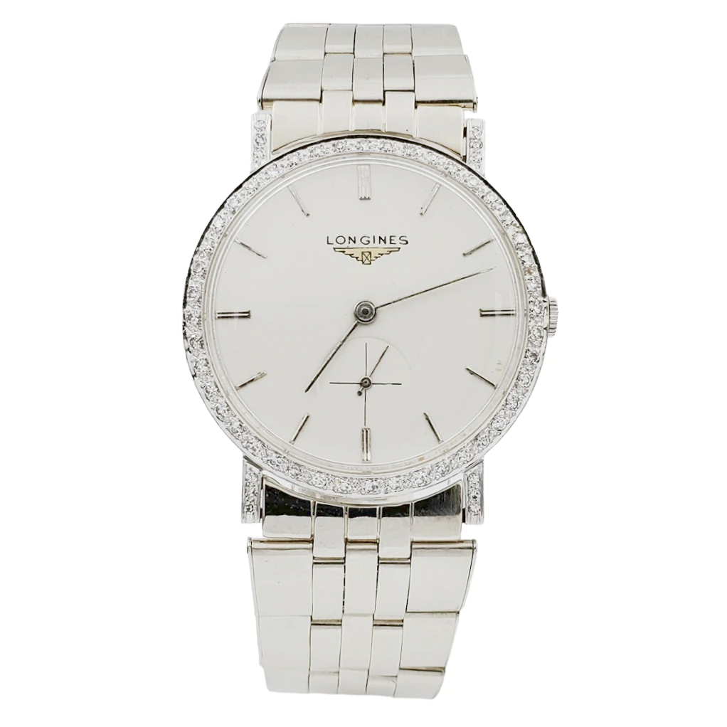 Men's Longines Vintage 32mm Watch with 14K White Gold Band, Egg Shell Dial and 18K White Gold Diamond Bezel. (Pre-Owned )