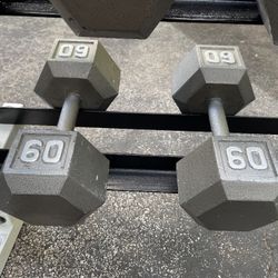 PAIR OF PERFECT CONDITION 60 LB. STEEL HEX DUMBBELLS (With Wonderful Knurling Grip)