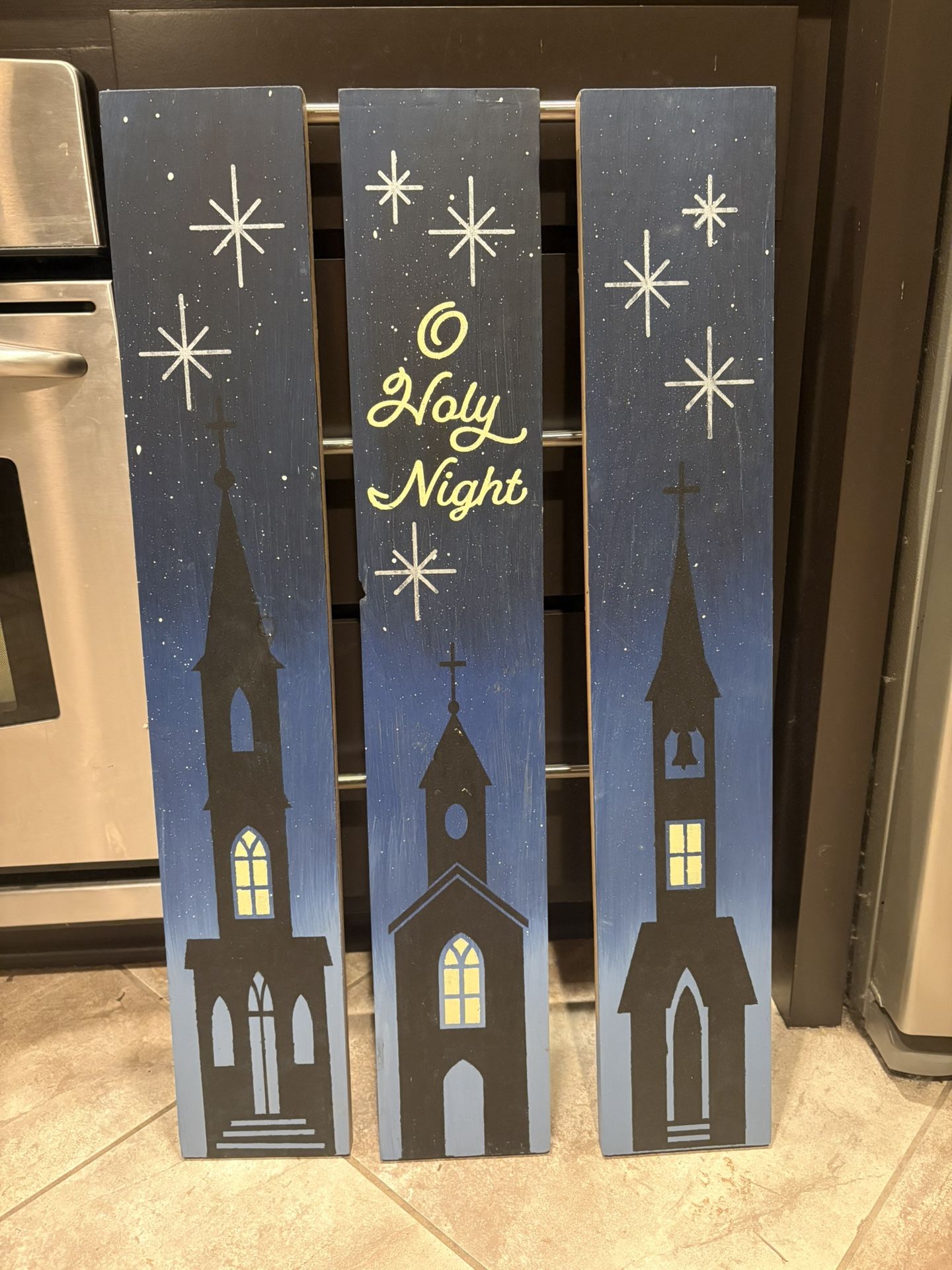 Set of Three 32” tall Handpainted wood Xmas decor