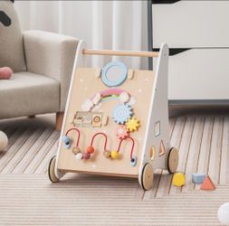 Wooden Kids Baby Walker Push & Pull Learning Activity Walker w/Rotatable Mirror