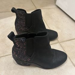 Toms Everly Glitter Ankle Boots Bootie Black Leather Suede Stacked Heel Size 8.5