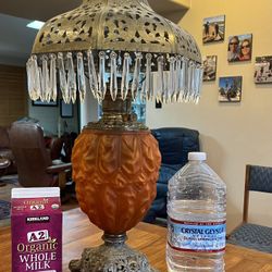 1892 HUGE PARLOR OIL LAMP ORANGE SATIN GLASS DRAPE PATTERN 28” TO TOP SHADE EXC