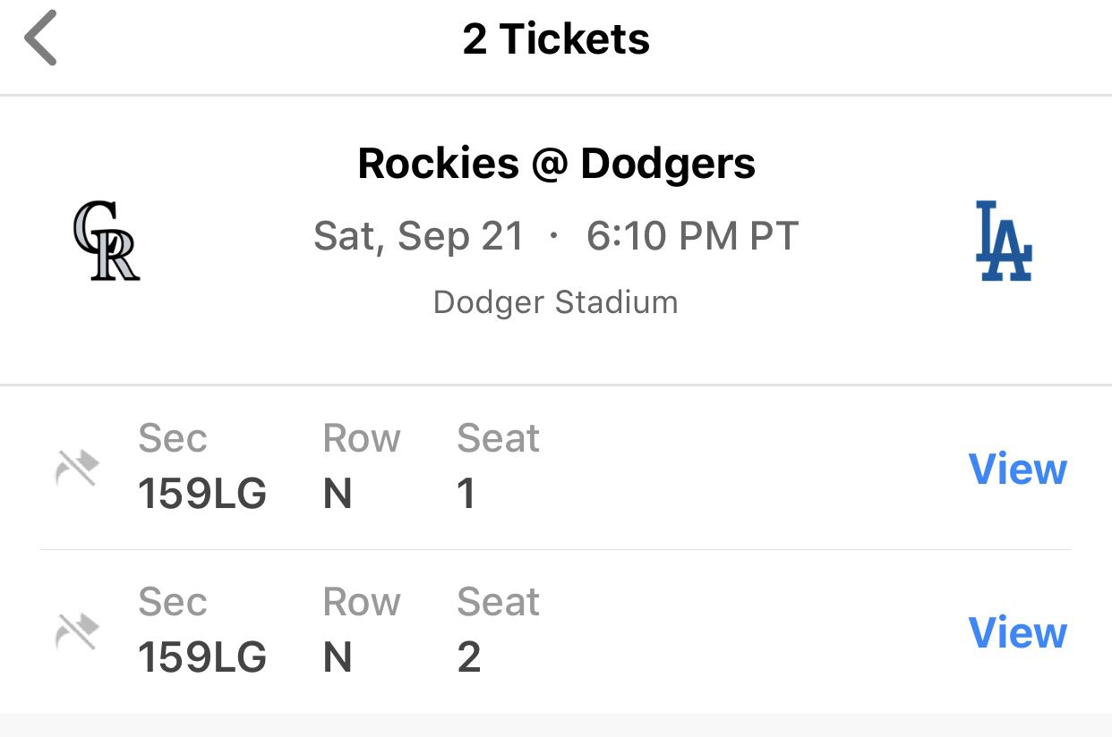 Dodgers vs Rockies 9/21 2 Loge tickets