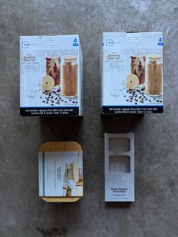 Drinking Glass Set + Food Glass Storage Container + 4 Glass Straws