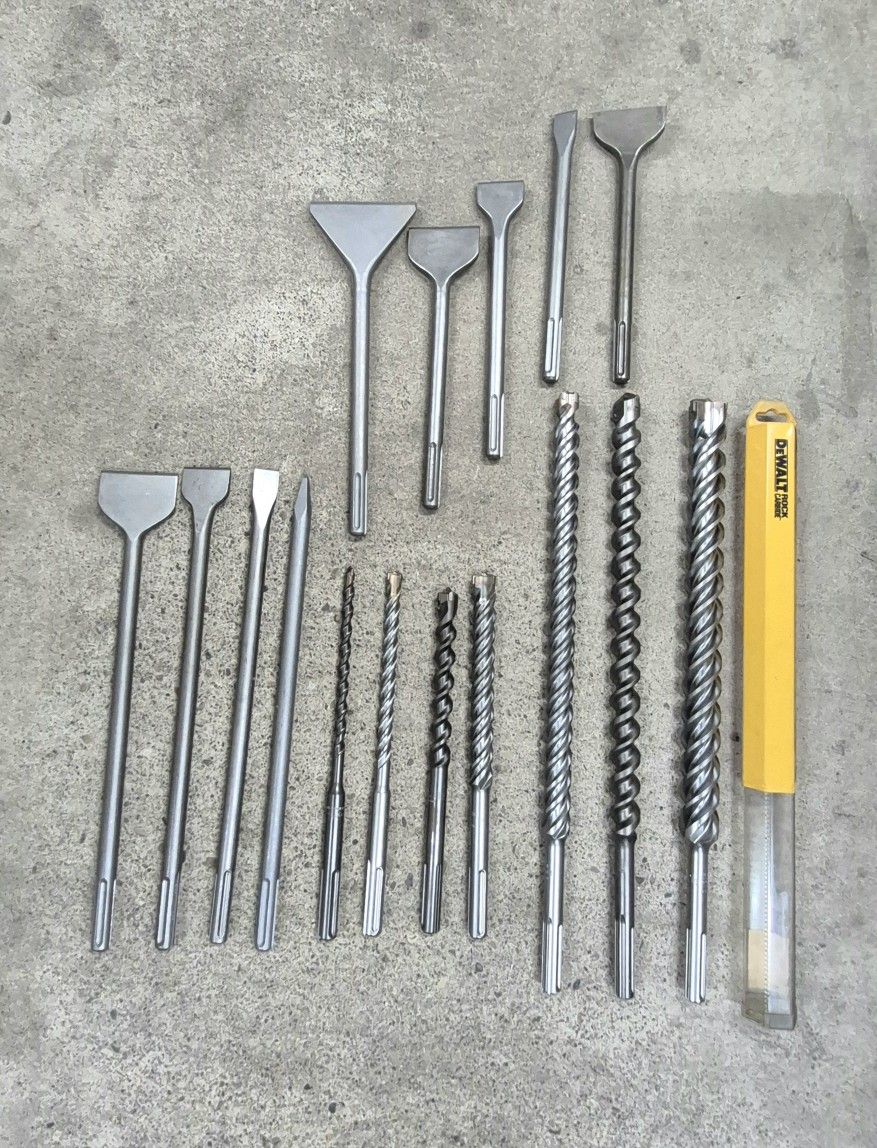 7 SDS Max concrete drill bits and 9 SDS Max chisels for removing ceramics, tiles, and demolition. All New