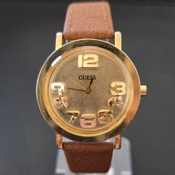 Vtg GUESS Y2K 3D Block Numbers Domed 36mm Watch Gold Tone Leather Band WORKS
