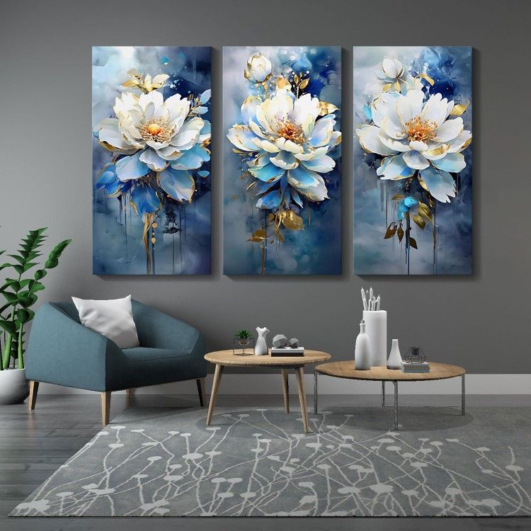 3pc Navy Blue Floral Wall Art, 24x48in - C40