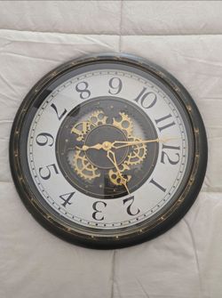 Decorative Wall Clock with Moving Gears – Black, White & Gold