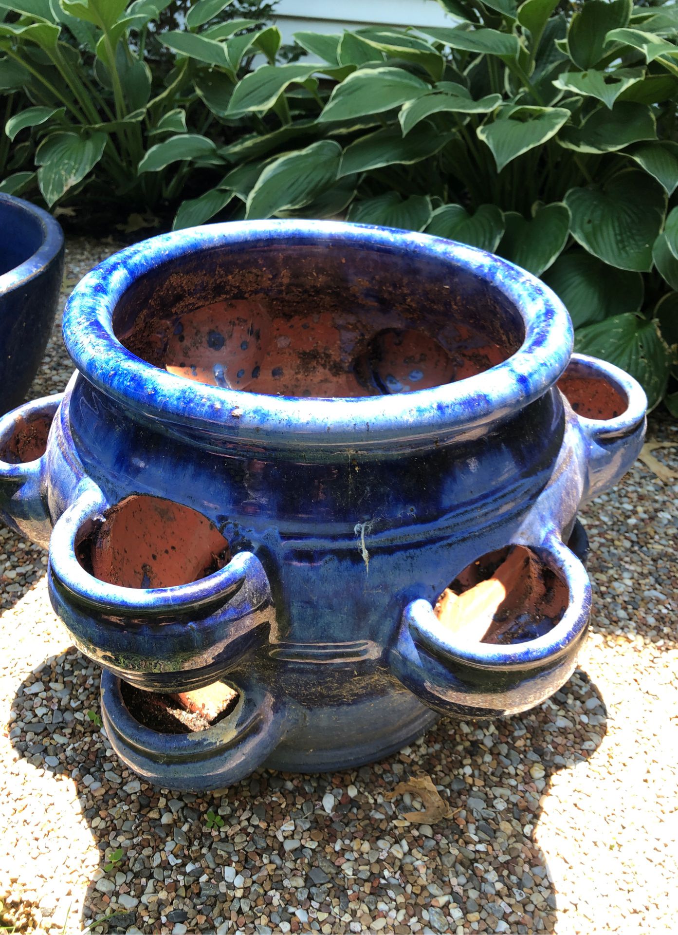 Large blue glazed pottery succulent or strawberry pot