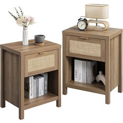 Nightstands Set of 2 - Farmhouse Night Stand with Drawer and Storage Shelf - Boho Bedside Table End Side Table for Bedroom, Oak
