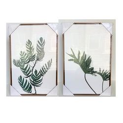 Set of 2 Green Palm Leaves Canvas Print Wall Art in Brown Faux Wood Floating Frames | NOT in Glass