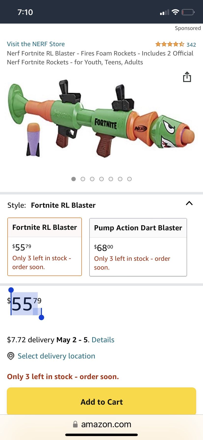 Nerf Fortnite RL Kids Toy Blaster with 2 Rocket Darts 