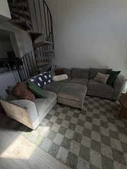 Gray Corduroy Sectional Sofa with Ottoman